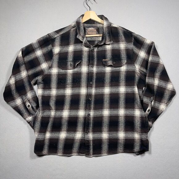 Orvis Shacket Shirt Jacket Men XXL Plaid‎ Heavy Flannel Beige Black Pockets - Picture 1 of 12
